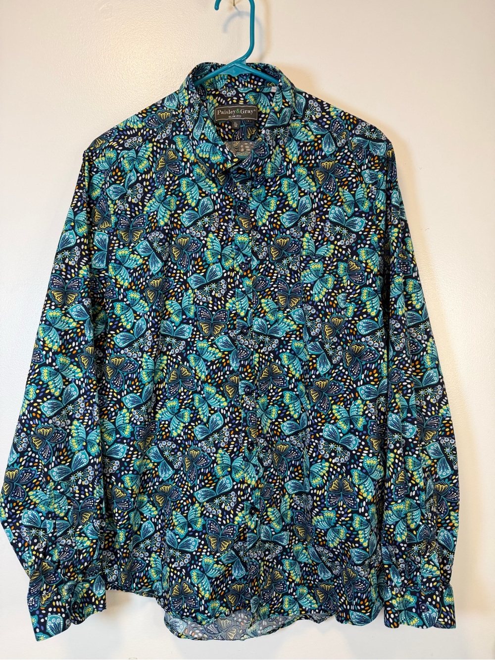Paisley & Gray Butterfly Print Button-Up Shirt in Teal & Navy Slim Fit Men’s XL